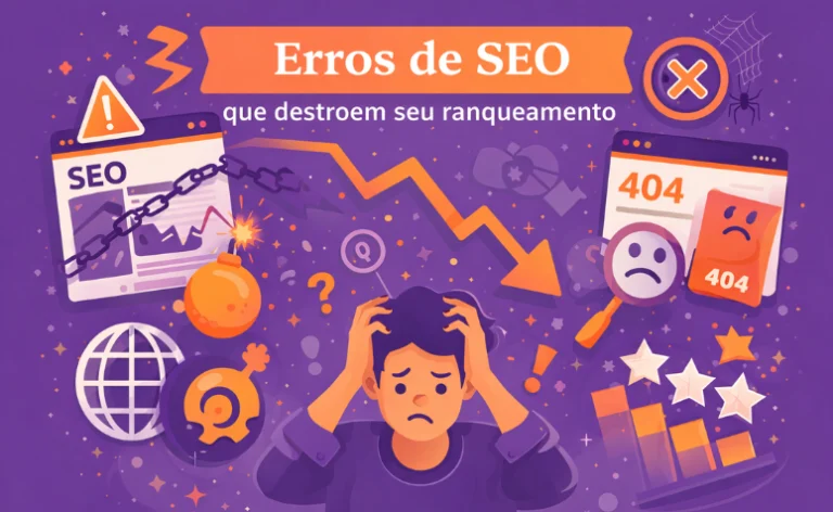 Ilustração sobre erros de SEO que prejudicam o ranqueamento, com gráfico em queda, página 404, alertas, links quebrados e uma pessoa preocupada ao centro, em fundo roxo e laranja.