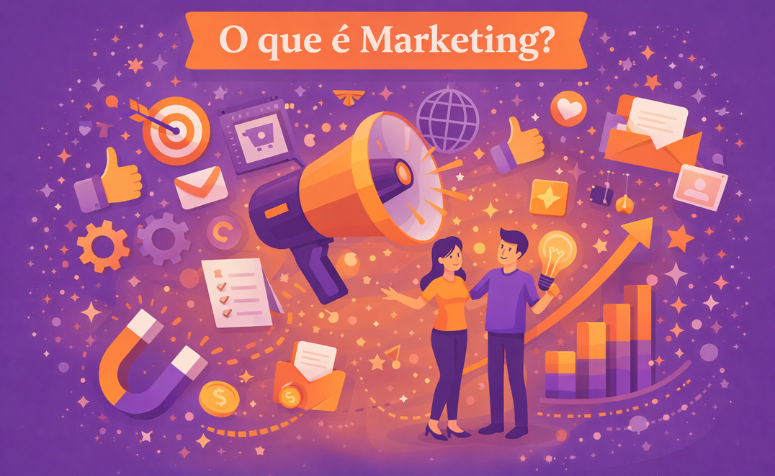Ilustração de marketing com megafone, comunicação e crescimento.