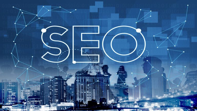 Imagem com a palavra SEO destacada em um cenário urbano futurista, representando estratégias de otimização para mecanismos de busca e marketing digital.