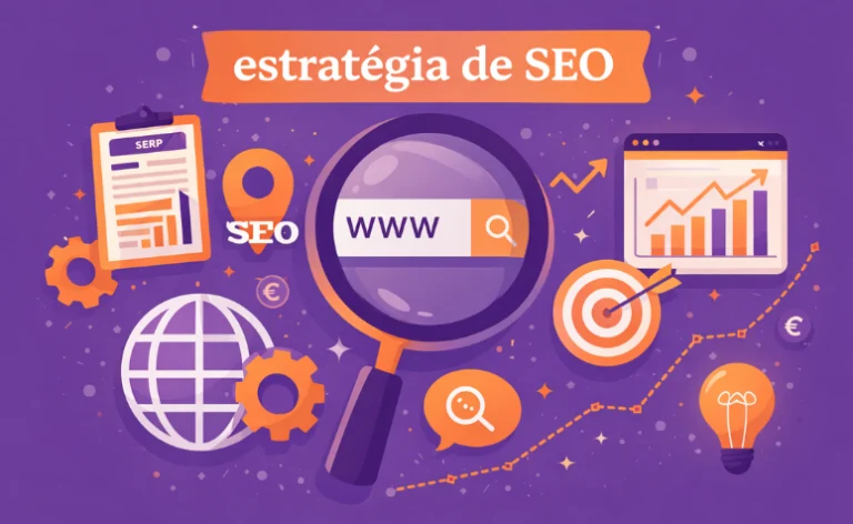 Ilustração de estratégia de SEO com lupa sobre barra de busca, gráficos de crescimento e ícones digitais em fundo roxo e laranja.