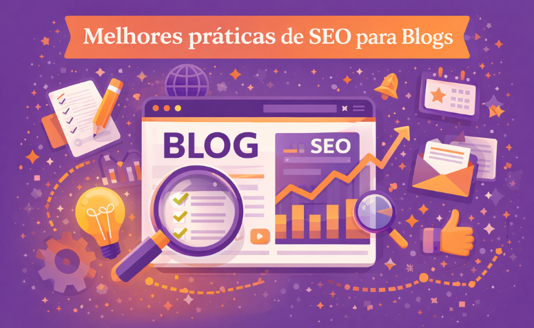 Ilustração de SEO para blogs com checklist, lupa e gráfico de crescimento.