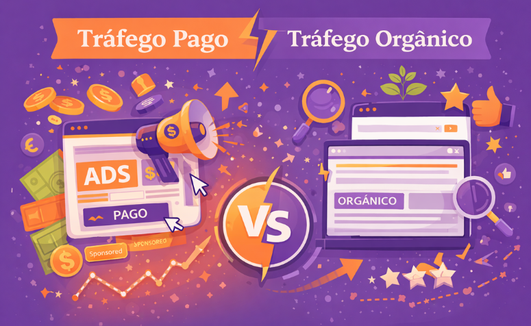 Comparação entre tráfego pago e orgânico, com anúncios de um lado e busca orgânica do outro.