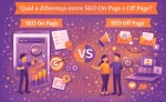 Ilustração comparando SEO On Page (interno) e Off Page (externo) com elementos visuais e “VS” ao centro.