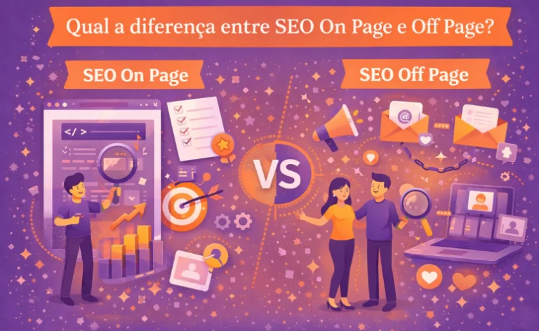 Ilustração comparando SEO On Page (interno) e Off Page (externo) com elementos visuais e “VS” ao centro.