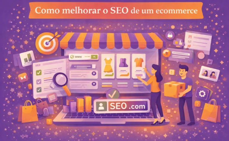 Ilustração de e-commerce com SEO, mostrando loja online, análise e crescimento.