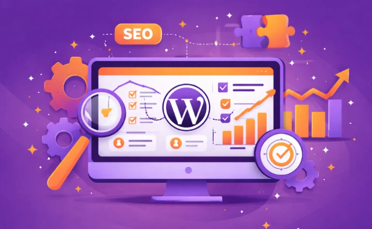 Ilustração de monitor com WordPress e elementos de SEO, como gráficos, lupa e checklist, em tons de roxo e laranja.