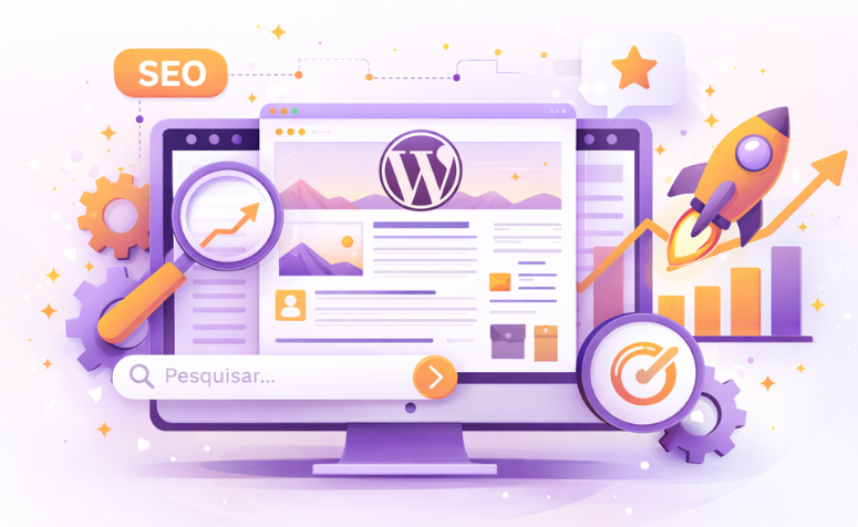 Ilustração de blog WordPress com elementos de SEO em fundo claro degradê.