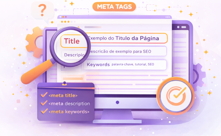 Ilustração de meta tags de SEO com ícones de análise em fundo claro degradê.