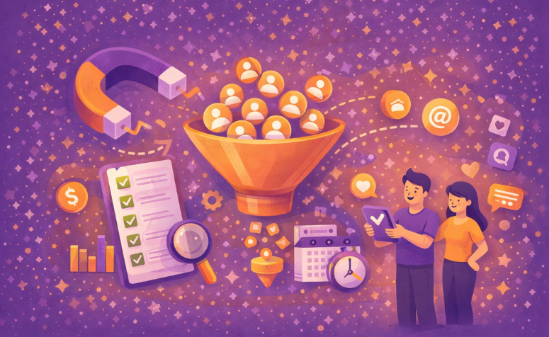 Ilustração em roxo e laranja mostrando geração de leads, com um funil recebendo ícones de pessoas atraídos por um ímã.