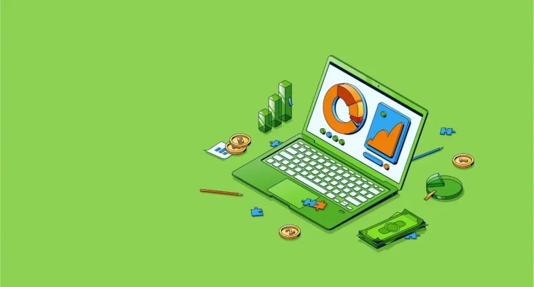 Imagem digital com gráficos, moedas e dinheiro em torno de um laptop aberto exibindo dados de marketing digital, destacando a importância do marketing digital para negócios.