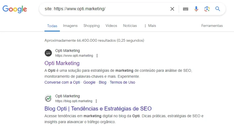 Exemplo de pesquisa com comando "site:" para ajudar a indexar rapidamente no Google