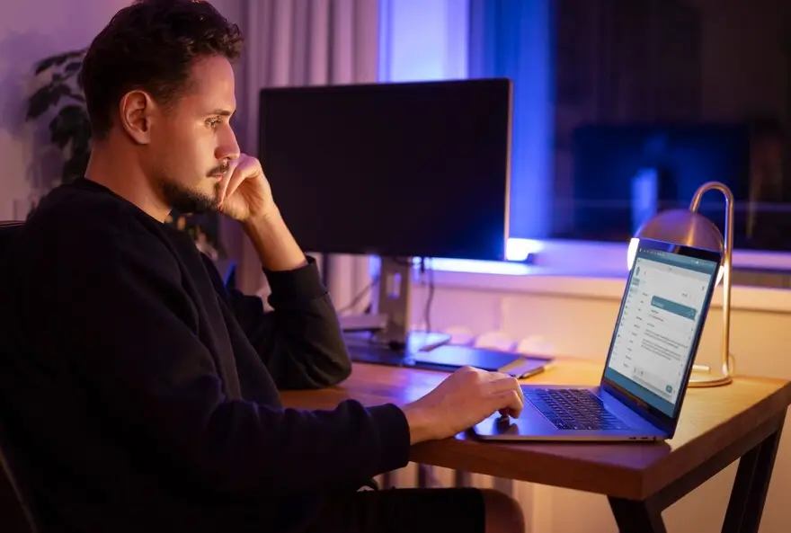 Homem sentado em uma mesa de trabalho à noite, concentrado enquanto usa um notebook; ao fundo, há um monitor desligado, uma luminária acesa e uma janela com luz azulada iluminando o ambiente.