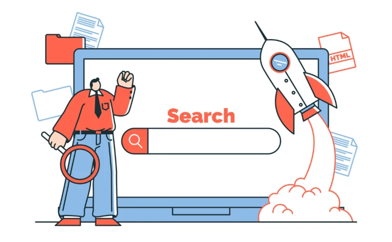 Ilustração digital de profissionais de marketing digital e SEO trabalhando em frente a uma tela de computador gigante. A palavra "SEO" em destaque está no centro da imagem. Os profissionais interagem com elementos visuais que representam a otimização de sites