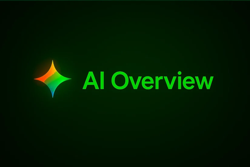 Imagem com destaque para o termo 'AI Overview' em fonte grande e colorida, com fundo escuro, relacionado a estratégias de como ranquear no Google overview.