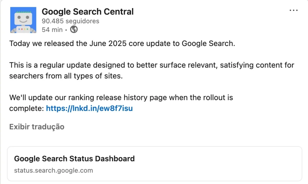 core-update-junho-2025 Imagem relacionada ao anúncio da atualização do Google Search para junho de 2025, destacando melhorias no algoritmo para melhorar a relevância e satisfação do conteúdo.