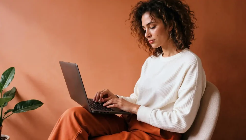 Mulher usando computador portátil, explorando estratégias de SEO relacionadas ao core update junho 2025, em ambiente com parede terracota e planta ao lado.
