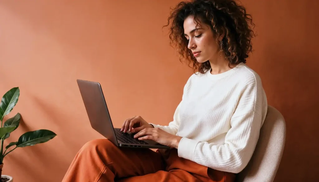 Mulher usando computador portátil, explorando estratégias de SEO relacionadas ao core update junho 2025, em ambiente com parede terracota e planta ao lado.