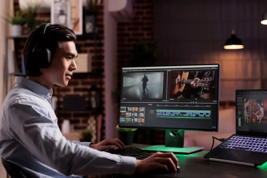 Profissional editando vídeo no computador com foco no crescimento do conteúdo em vídeo para SEO. Ambiente moderno e bem iluminado, ideal para produção de vídeos para otimização de busca online.