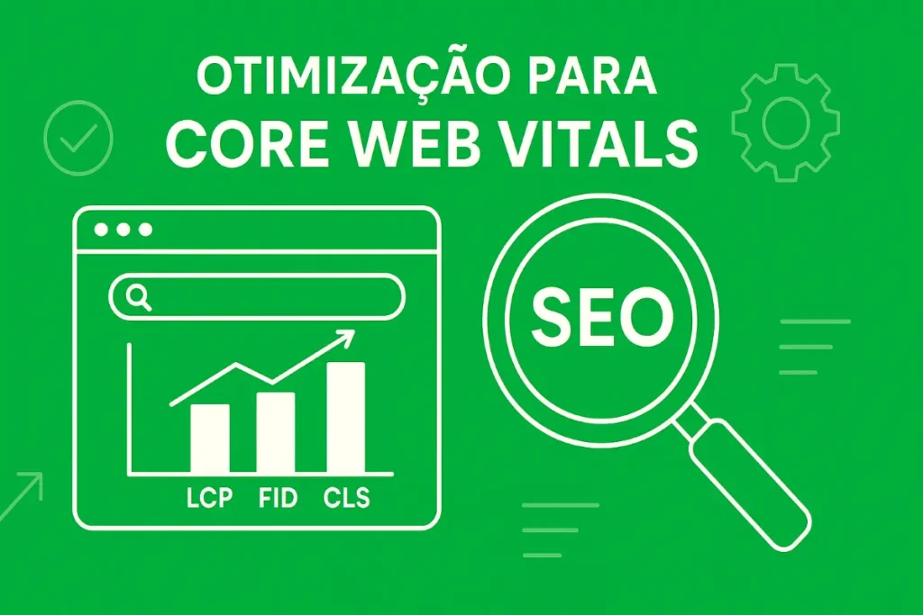Imagem com elementos gráficos e texto destacando a importância da otimização para Core Web Vitals, incluindo uma lupa com a palavra SEO e gráficos de desempenho.