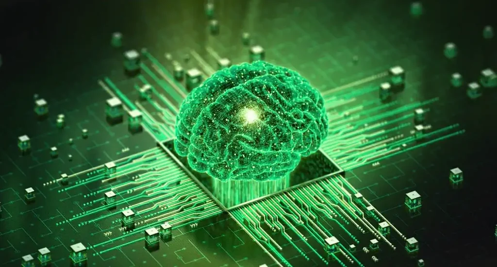 Imagem de um cérebro digitalizado brilhante conectado a circuitos tecnológicos representando otimização para Large Language Models (LLMs) e inteligência artificial.