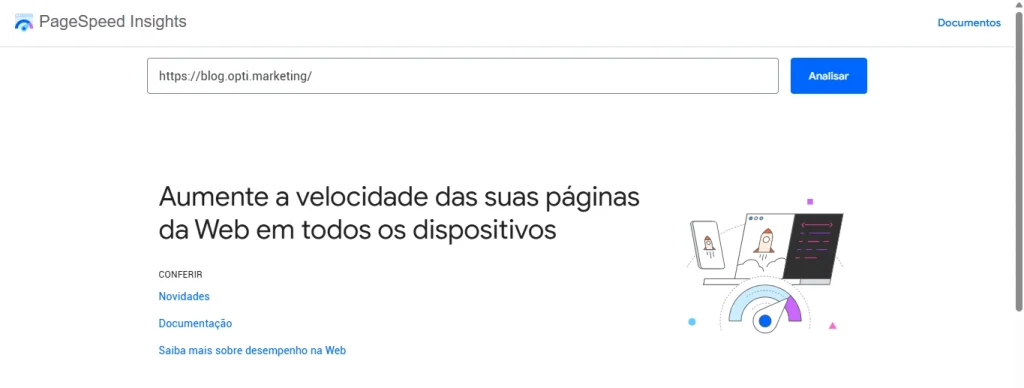 Tela de otimização de Pagespeed para blog.opti.marketing mostrando análise de desempenho de páginas web em dispositivos móveis e computadores.