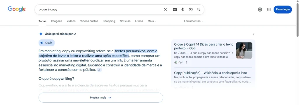 Imagem de pesquisa no Google sobre resultado no Google overview para "o que é copy", destacando informações e dicas de copywriting para melhorar a presença online e estratégias de marketing digital.