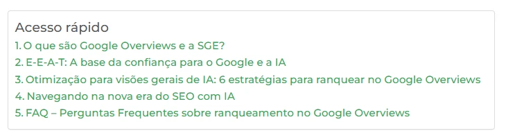 Resumo visual contendo tópicos sobre sumário executivo e principais takeaways de estratégias de SEO, Google Overviews e IA.