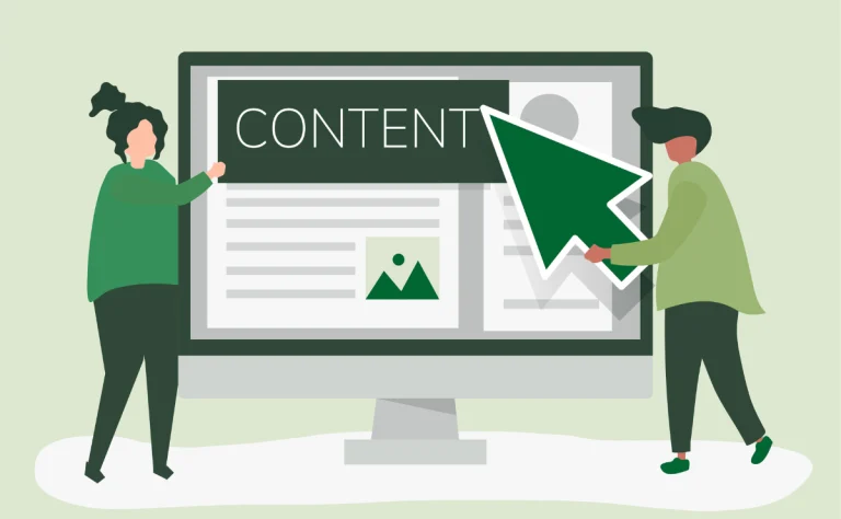 Ilustração com duas pessoas otimizando uma página de blog demonstrando dicas de como otimizar página de categoria de blog para melhorar SEO e desempenho online.