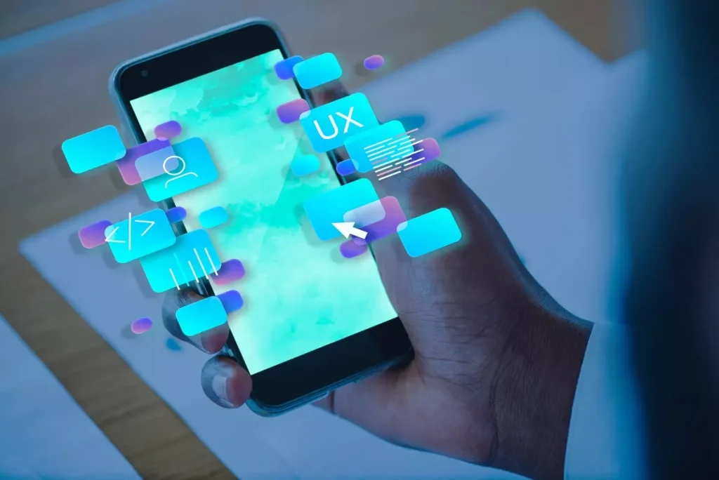 Imagem de um smartphone demonstrando conceitos relacionados à experiência do usuário (UX) em SEO, com ícones digitais flutuantes de navegação, código e análise de dados.