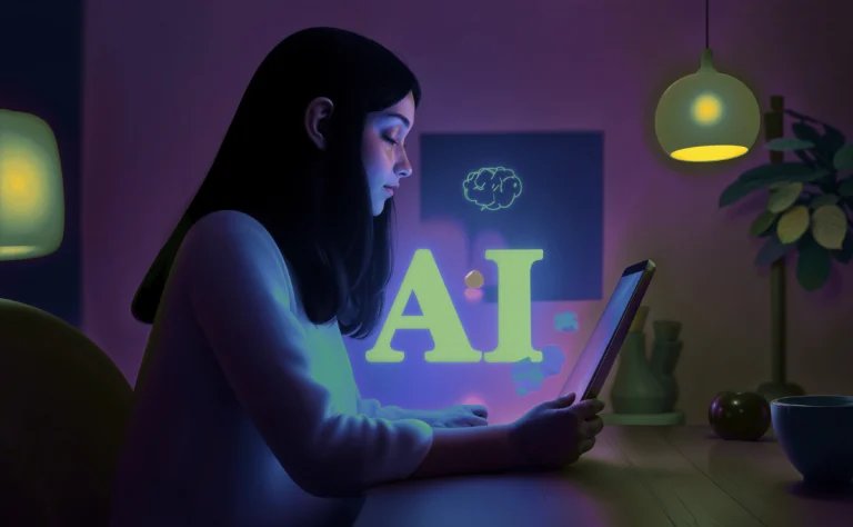 Jovem mulher usando um dispositivo móvel à noite com destaque para a sigla AI e uma nuvem de pensamento, simbolizando a criação de textos com inteligência artificial.