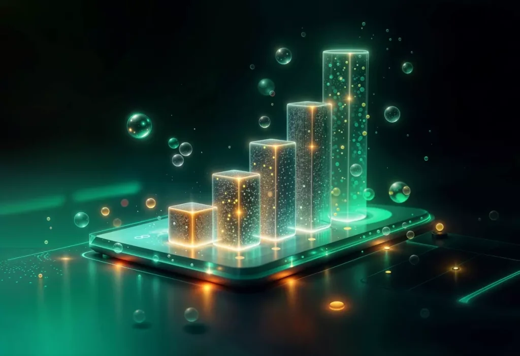 Gráfico de barras luminoso representando crescimento de KPIs de SEO em um dispositivo digital, com efeito futurista e tecnológico.