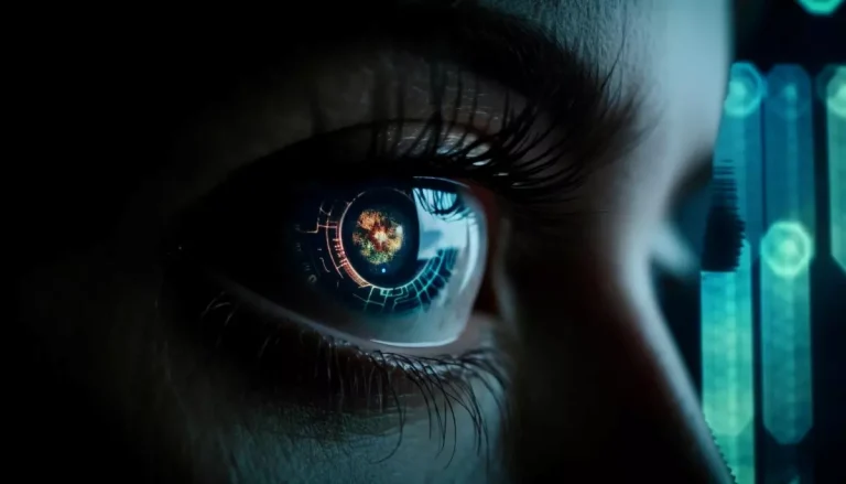 Ilustração de um olho humano com interface digital futurista, simbolizando a importância de estar ranqueado no Google, mas sem garantir visibilidade no ChatGPT.