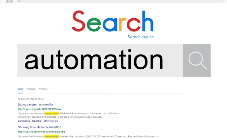 Página de resultados de um motor de busca na internet com o termo “automation” digitado na barra de pesquisa.