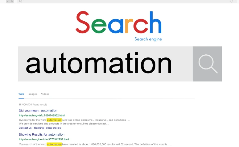 Página de resultados de um motor de busca na internet com o termo “automation” digitado na barra de pesquisa.