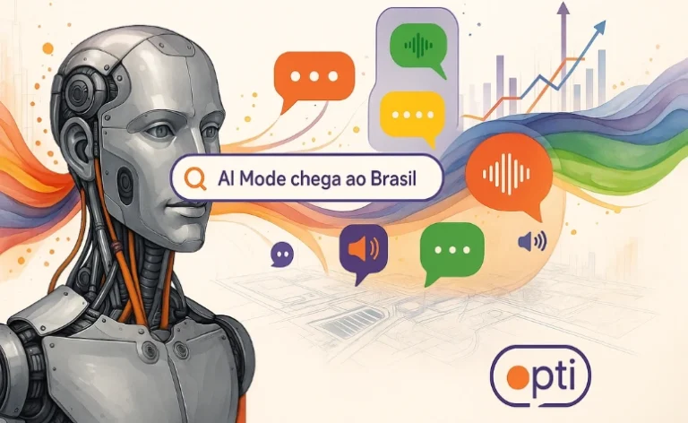 Robô futurista com campo de busca “AI Mode chega ao Brasil” e ícones coloridos de comunicação nas cores da Opti.