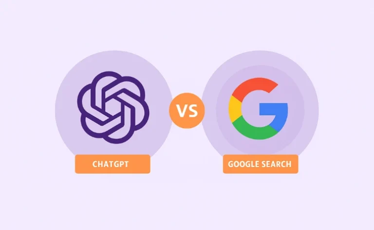 Imagem comparativa entre os logos do ChatGPT e do Google, com fundo lilás e detalhes em roxo e laranja.