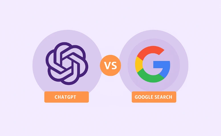 Imagem comparativa entre os logos do ChatGPT e do Google, com fundo lilás e detalhes em roxo e laranja.