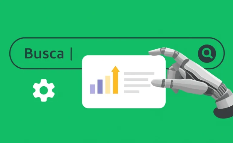 Ilustração digital com fundo verde mostrando uma barra de busca com a palavra 'Busca' e o ícone de lupa. Ao lado, uma mão robótica segura um card com gráfico de barras e seta apontando para cima, simbolizando crescimento e otimização de resultados.