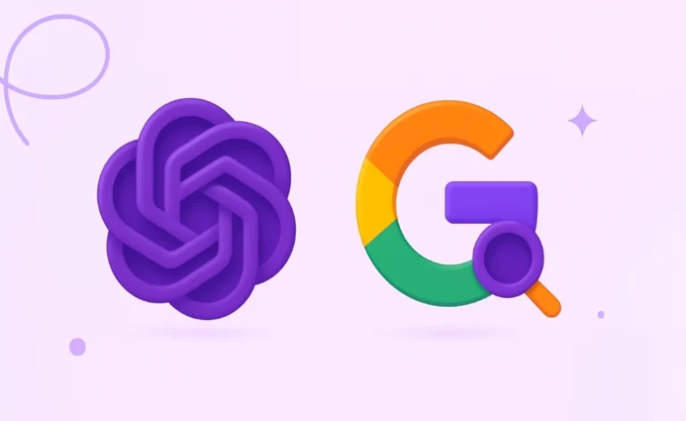 Ilustração digital com os logos do ChatGPT e do Google integrados em uma composição simbolizando a convergência entre busca por IA e mecanismos tradicionais.