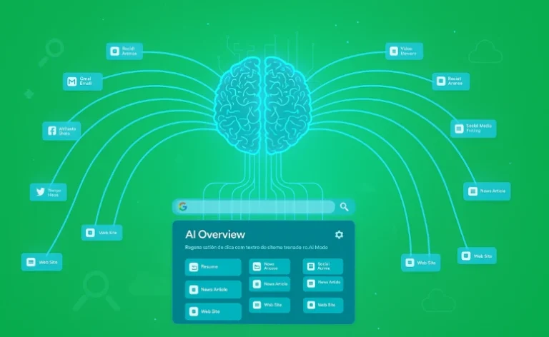 aparece uma barra de busca do Google e um painel com o título 'AI Overview', representando como a IA reúne e organiza dados de múltiplas origens