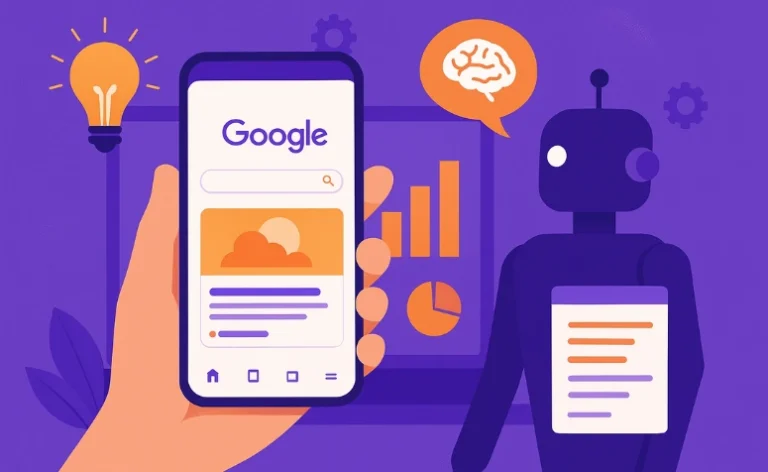 Pessoa segurando um smartphone com a página inicial do Google aberta, exibindo cartões coloridos de resultados de pesquisa; ao fundo, um notebook.