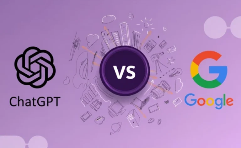 Imagem com fundo roxo mostrando uma comparação entre ChatGPT e Google. À esquerda está o logotipo do ChatGPT com o texto “ChatGPT”. À direita aparece o logotipo colorido do Google com o texto “Google”. No centro há um círculo roxo escuro com a palavra “VS”.