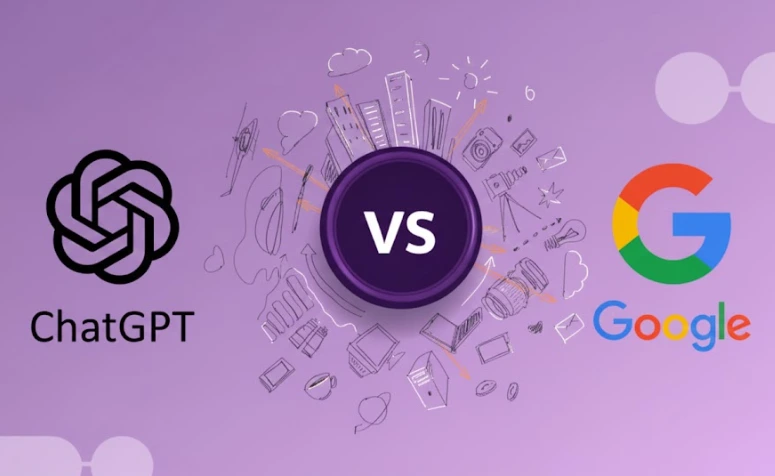 Imagem com fundo roxo mostrando uma comparação entre ChatGPT e Google. À esquerda está o logotipo do ChatGPT com o texto “ChatGPT”. À direita aparece o logotipo colorido do Google com o texto “Google”. No centro há um círculo roxo escuro com a palavra “VS”.