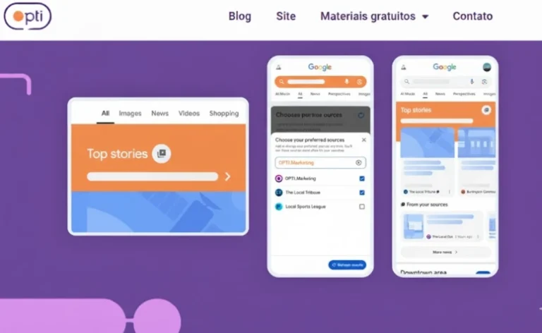 Ilustração conceitual sobre Google Preferred Sources para Top Stories, apresentando um smartphone com a interface de busca do Google e cards de notícias, simbolizando a otimização de conteúdo para aparecer no topo das Notícias Principais e ser uma fonte preferida.