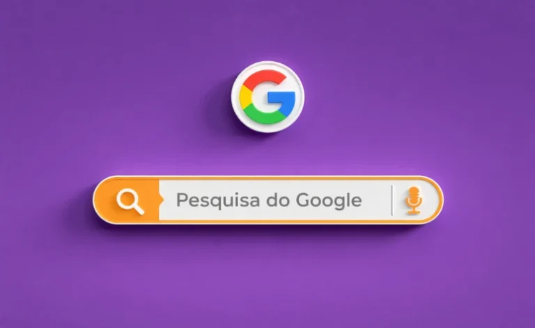 A imagem apresenta uma ilustração 3D de uma barra de pesquisa do Google centralizada em um fundo roxo
