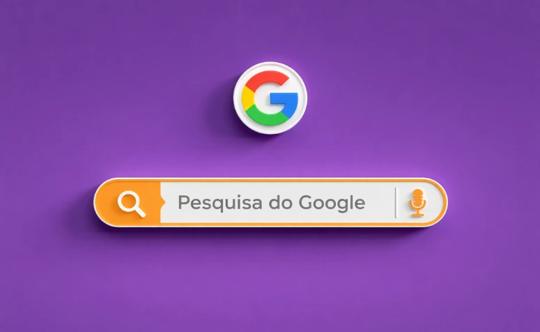 A imagem apresenta uma ilustração 3D de uma barra de pesquisa do Google centralizada em um fundo roxo