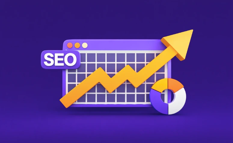 Ilustração 2D horizontal com janela de navegador em tons de roxo, gráfico de crescimento em seta laranja apontando para cima, gráfico de pizza e selo “SEO”
