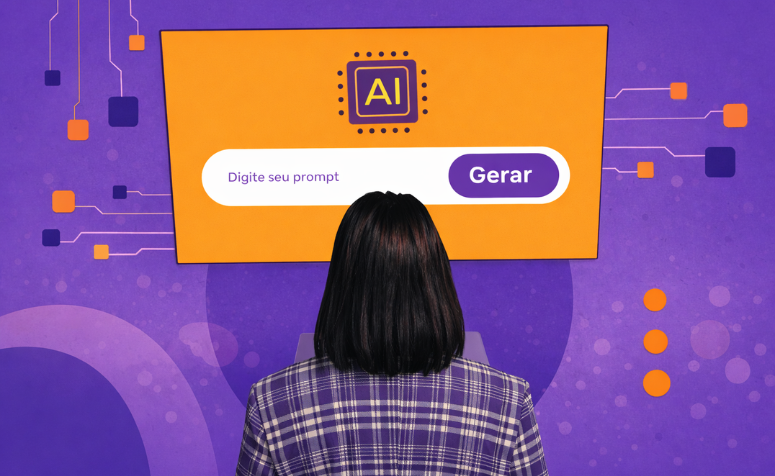 Ilustração de uma mulher vista de costas usando computador enquanto interage com uma interface de inteligência artificial com campo de prompt.