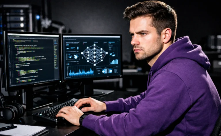 Profissional analisando código e dashboards de desempenho em dois monitores no computador, representando otimização técnica e melhorias de SEO para e-commerce