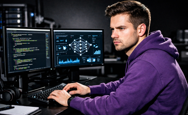 Profissional analisando código e dashboards de desempenho em dois monitores no computador, representando otimização técnica e melhorias de SEO para e-commerce